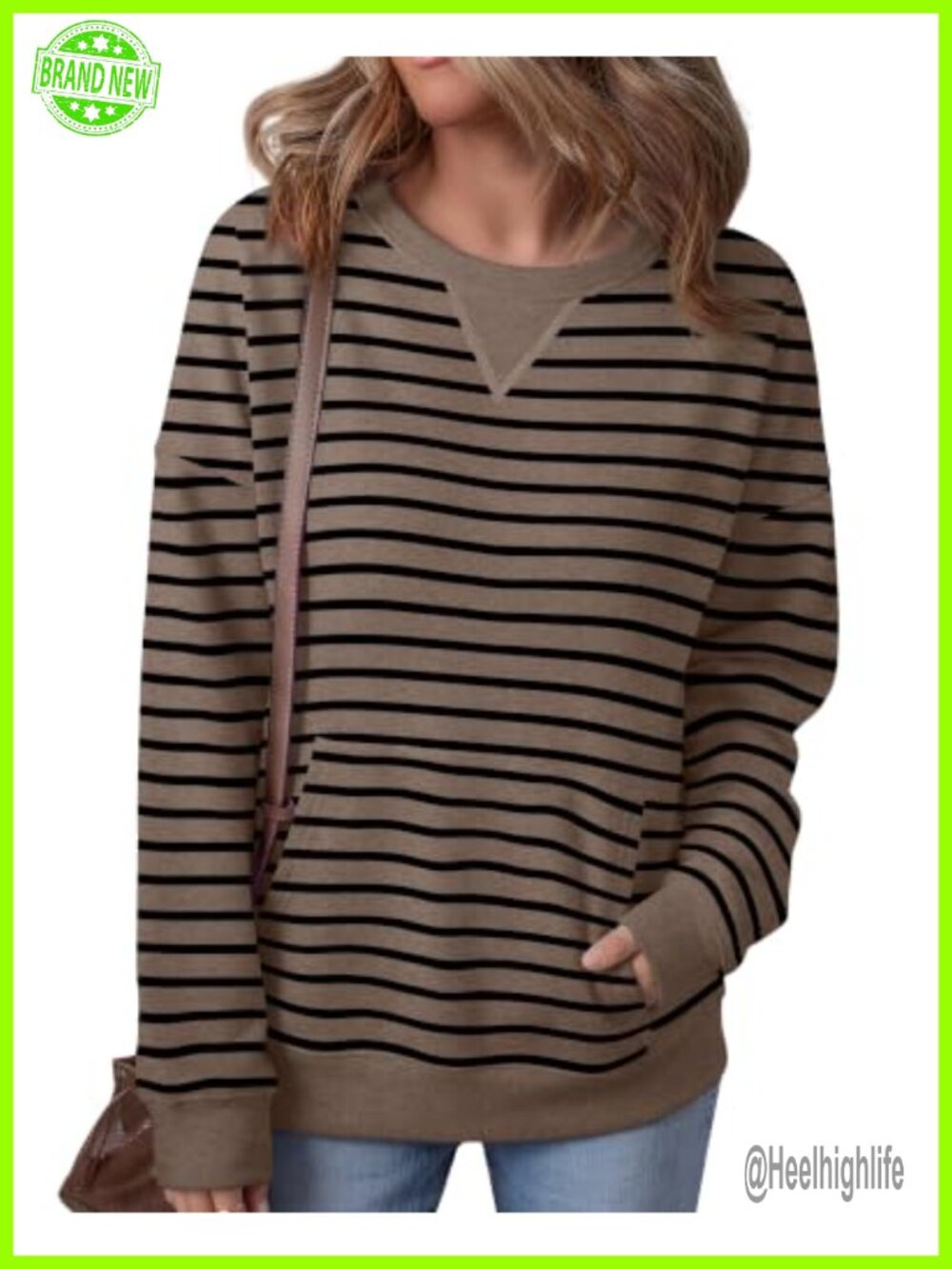 Womens Crew Neck Long Sleeve Sweatshirt Striped Kangaroo Pocket Pullover